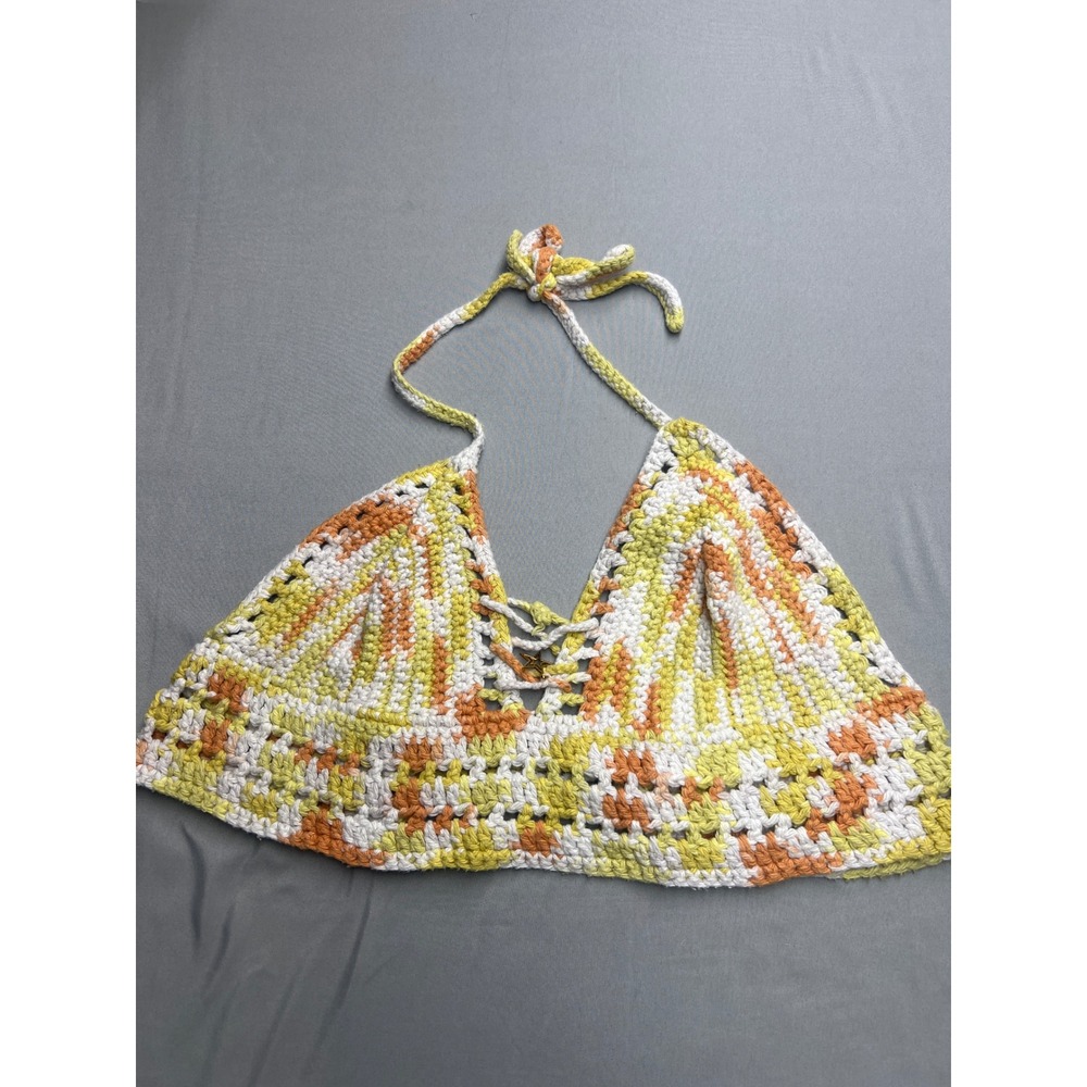 Handmade Crochet Halter Top Orange Yellow White Boho Festival Bralette Medium